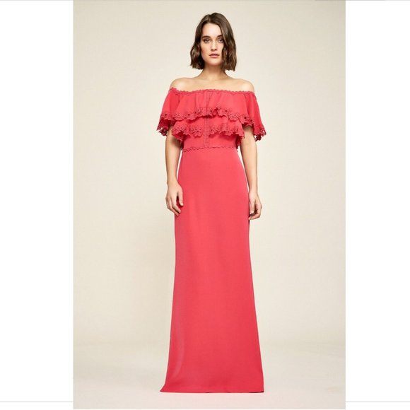 NEW $428 Tadashi Shoji Karlie Off-Shoulder Crepe Gown‎ Red [SZ 10 ] - Picture 11 of 11